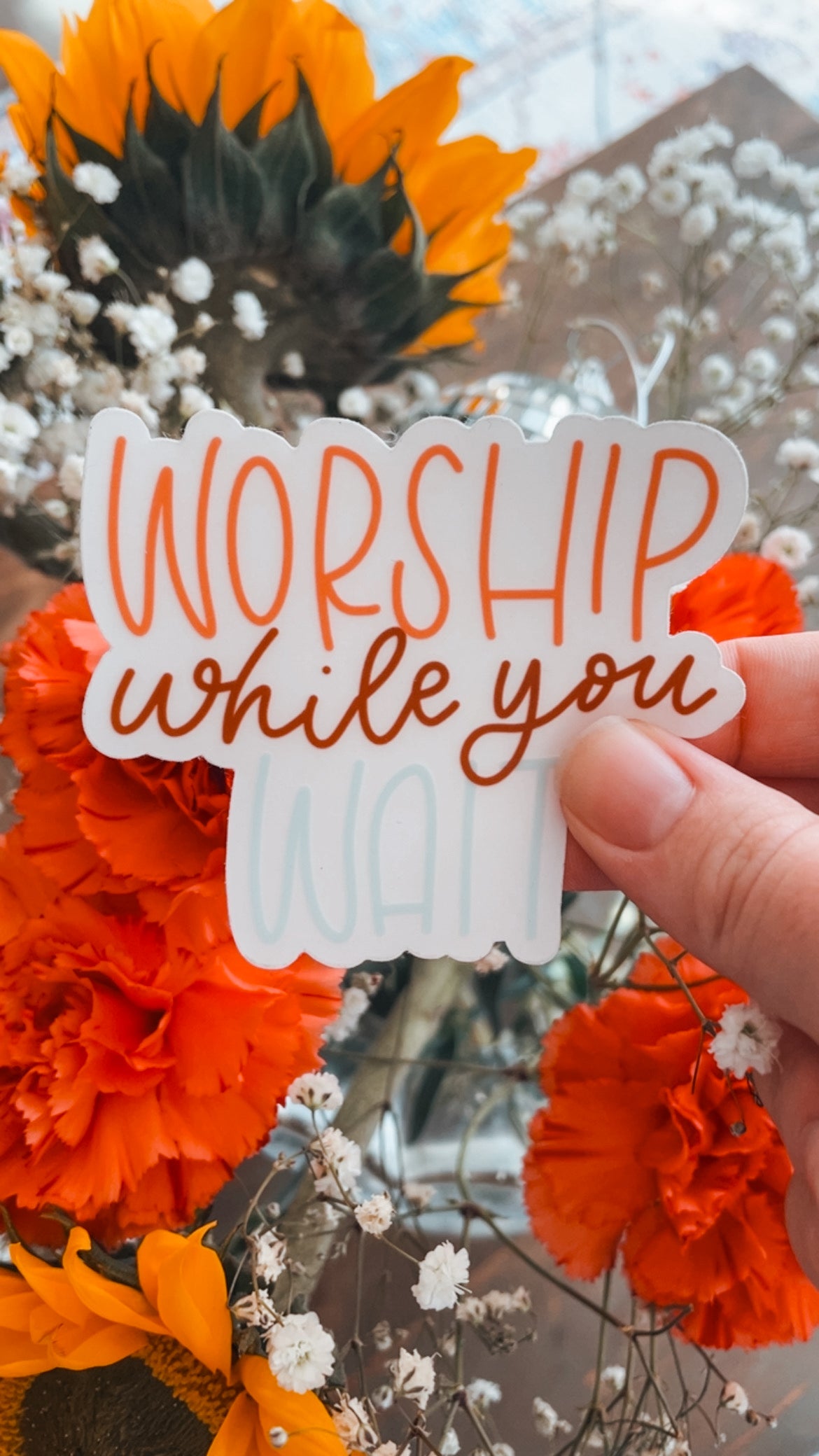 Worship While You Wait Clear Sticker