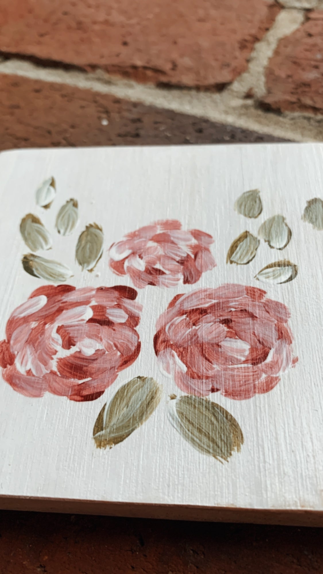 Red Floral Hand-Painted Wooden Coaster