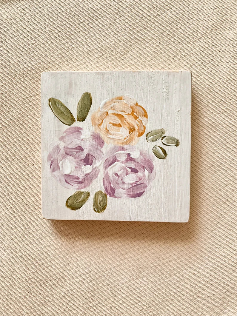 Purple Floral Hand-Painted Wooden Coaster