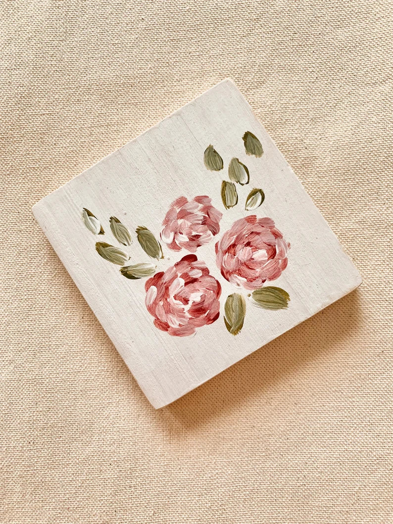 Red Floral Hand-Painted Wooden Coaster