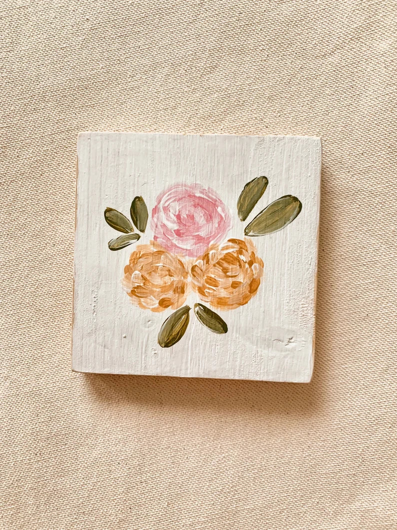 Trio Floral Hand-Painted Wooden Coaster